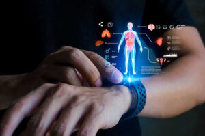 Person using a connected wearable device projecting a digital human health interface, representing how emerging technologies are transforming IRB oversight